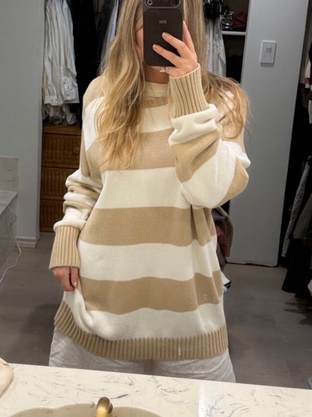 Brandy Melville Beige and Cream Striped Oversized Sweater